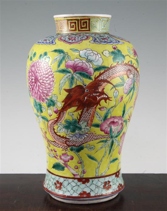 A Chinese yellow ground dragon baluster vase, late 19th century, 30cm